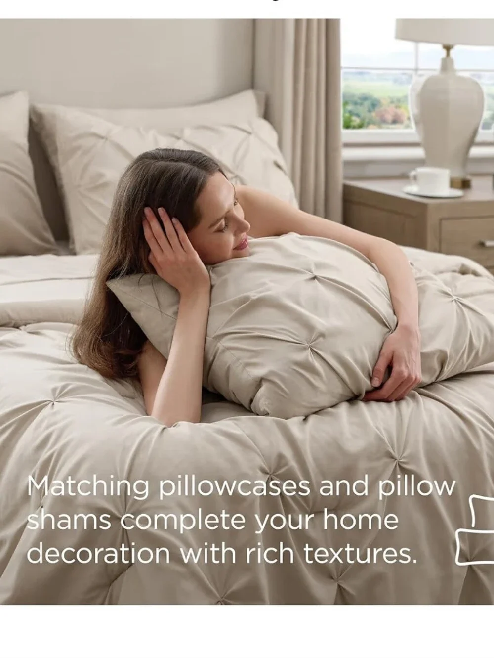 Bedsure Full Comforter 7 Piece Set. Bed in a Bag Gentlesoft Pintuck - Beige